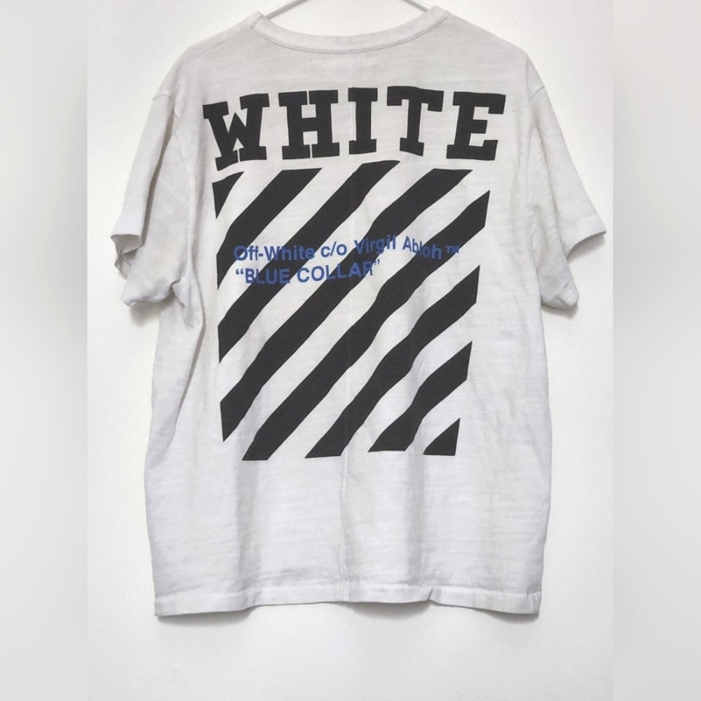 Off-White Blue Collar Diagonal Stripe White T-Shirt Size L